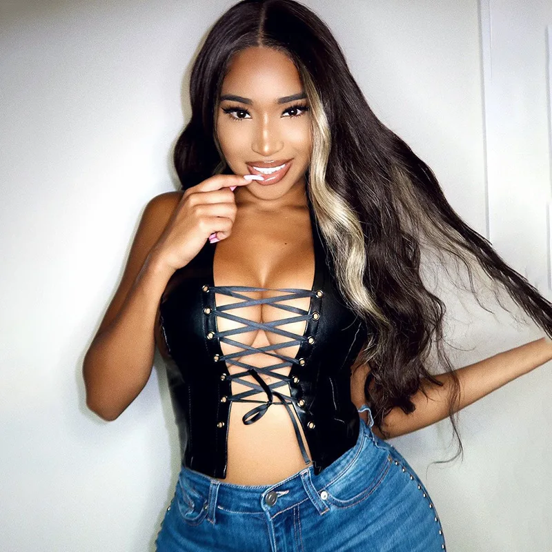 

Women's PU Vest Y2K Grunge Cross Lace Up Faux Leather Halter Tank Tops Summer Sexy Slim Fit Solid Bustier Crop Tops Clubwear