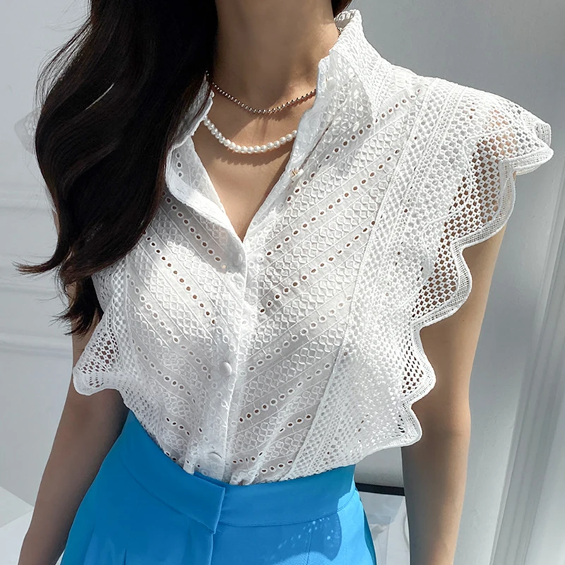

Fashion Flying Sleeve Ruffles Design Summer Blouse Women Elegant Lace Hollow Out Button Up Shirt White Woman Lady Tops 26728
