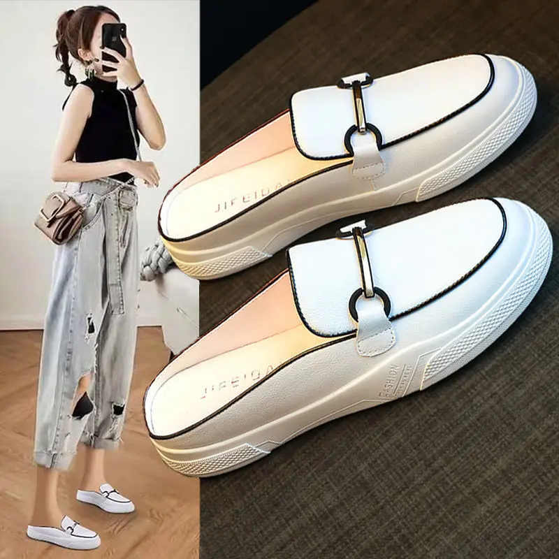 Closed Toe Half Slippers for Women 2023 New Fashionable Summer Outdoor All-Matching Slip-on Lazy Sandal Without Heel White Shoes