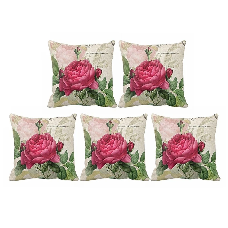 

5X Vintage Floral/Flower Flax Decorative Throw Pillow Case Cushion Cover Home Sofa Decorative(Rose Flower)