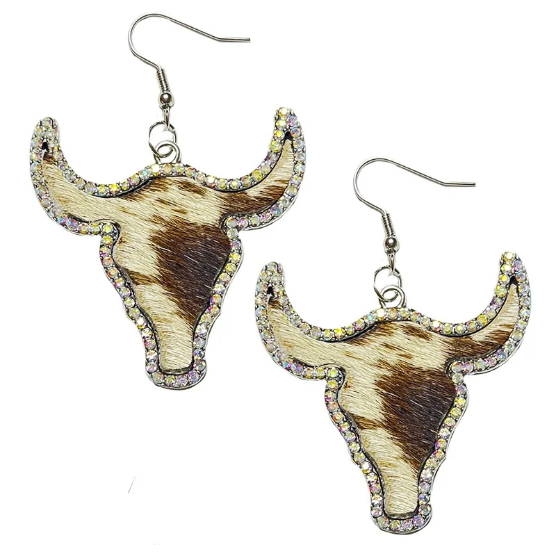 LARGE TEXAS LONGHORN EARRINGS Cowhide White Black Center Leather Western Jewelry Stud Taurus Earrings Bull Skull Valentines Gift images - 6