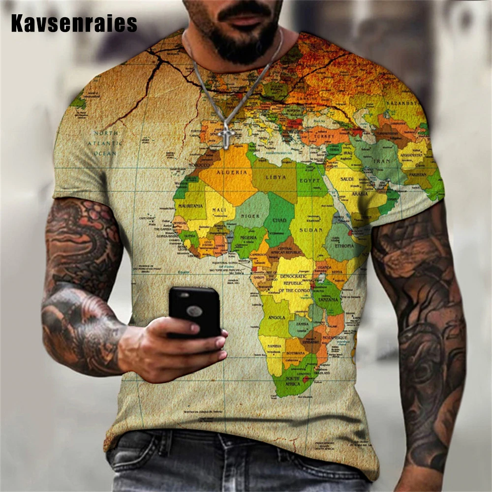 

Футболка мужская оверсайз с 3D-принтом карты мира, Повседневная модная рубашка с коротким рукавом и круглым вырезом, уличная одежда, лето 2022