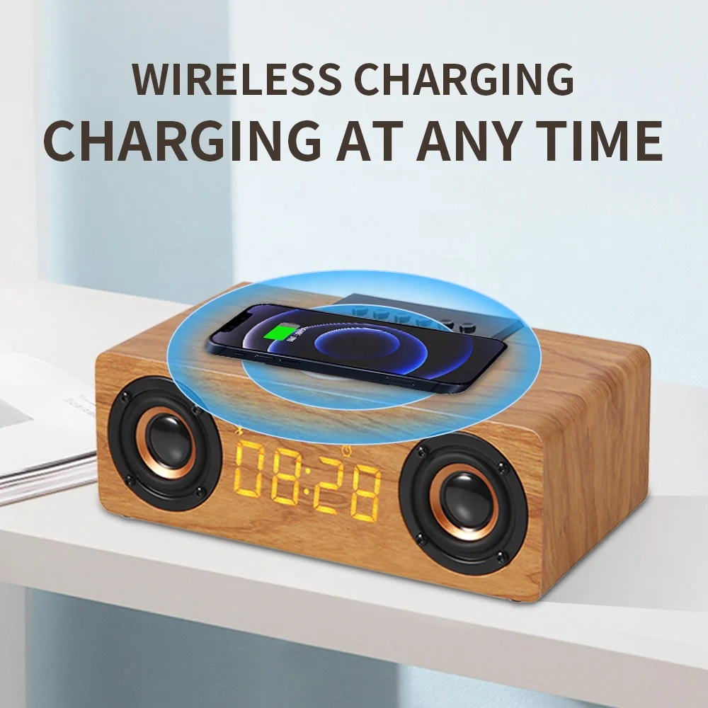 

Деревянный bluetooth-динамик с сабвуфером, Беспроводная зарядка, будильник, динамик, портативный компьютер, звуковая панель, FM-радио, TF
