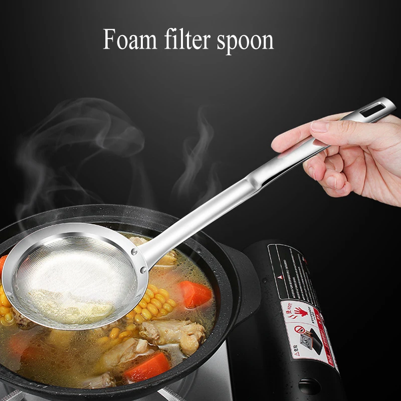 

304 Stainless Steel Filter Spoon Foam Spoon Hot Pot Filter Oil Foam Spoon Fine Mesh Flour Sieve Widened Handle