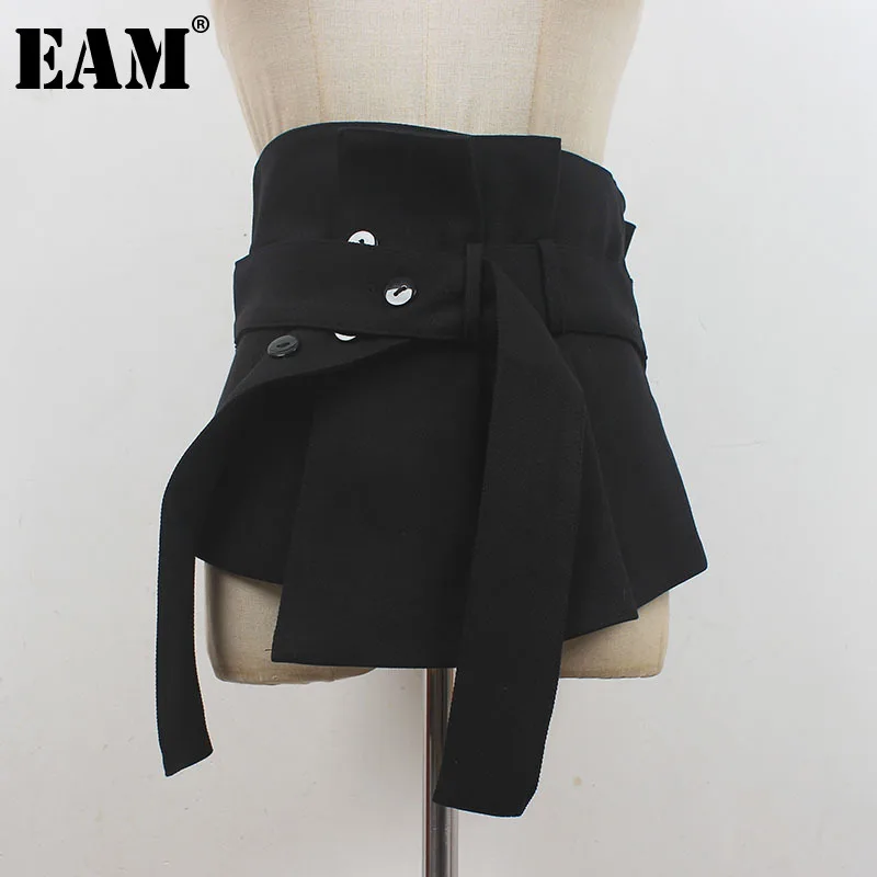 [EAM] Black Irregular Button Detachable Wide Belt Personality Women New Fashion Tide All-match Spring Autumn 2023 1DF7875