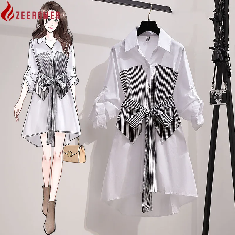 

ZEEROMER 2022 Spring Women's Dress Casual Turn-Down Collar Belt Patchwork Asymmetric A-Line Above Knee Office Lady Shirt Dress