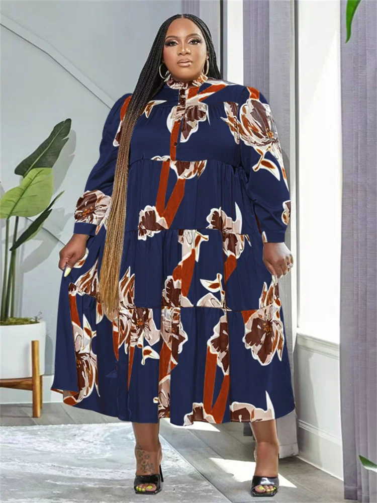 Plus Size Dresses for Women 5xl Loose Long Sleeve Flowers Print Casual Big Hem Maxi Shirts Dress Whole 3xl 4xl 5xl 6xl