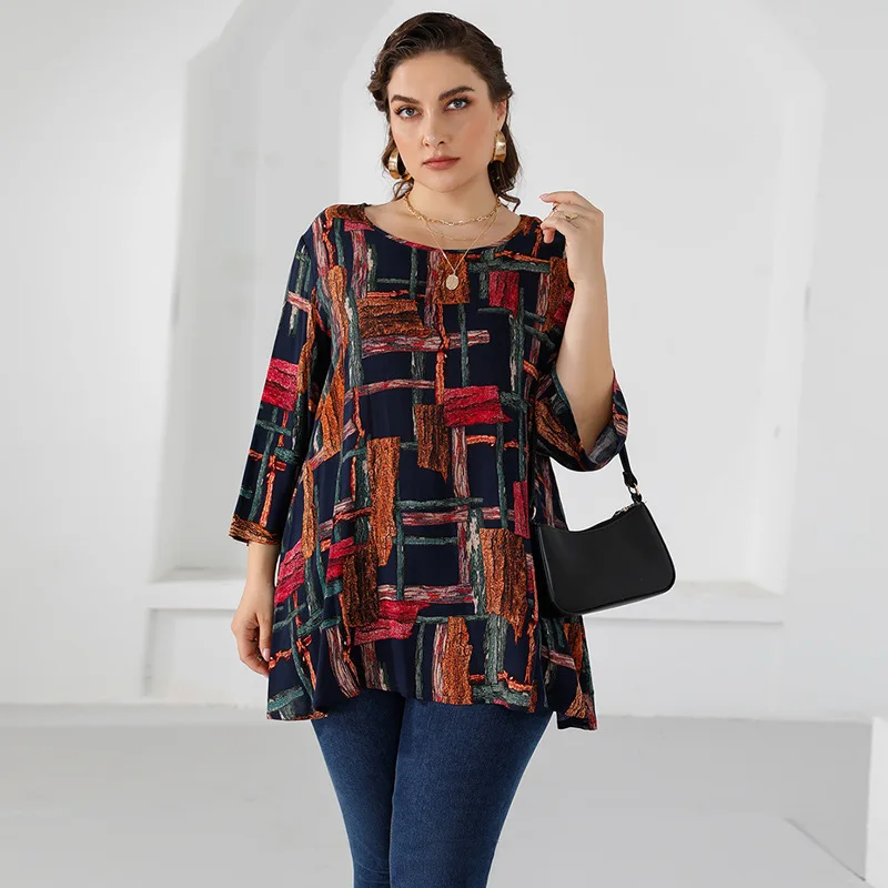 

4XL 5XL Plus Size Blouse Women 2021 Autumn Three Quarter Sleeve Colorful Print Casual Long Blouse Loose Oversized Ladies Tops
