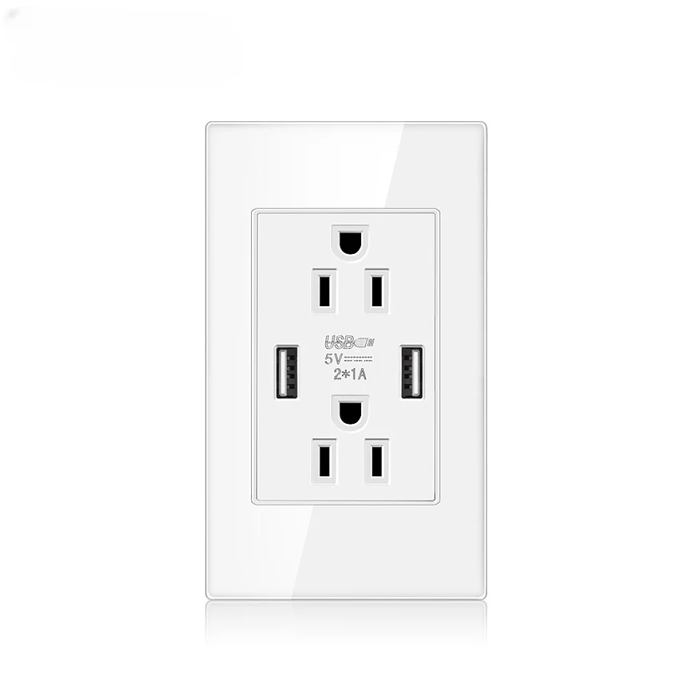 

US Wall Sockets 15A 120mm 2 USB 2 Outlets AC110V Thailand/Vietnam Plug Power Glass Panel 5V 2.1A White USA Nature wire Socket