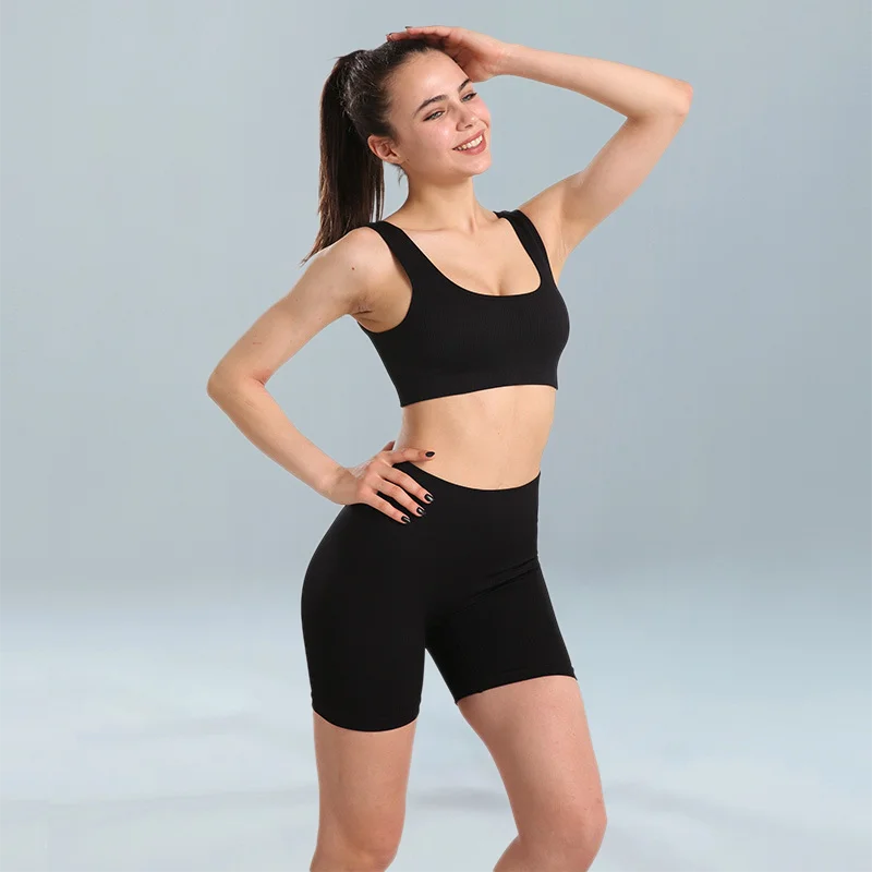 

Wiesya 2022 New Summer Seamless Women Two Piece Yoga Set Fashion Sexy Fitness Run Sportswear Suit Sleeveless U Neck Bra Shorts