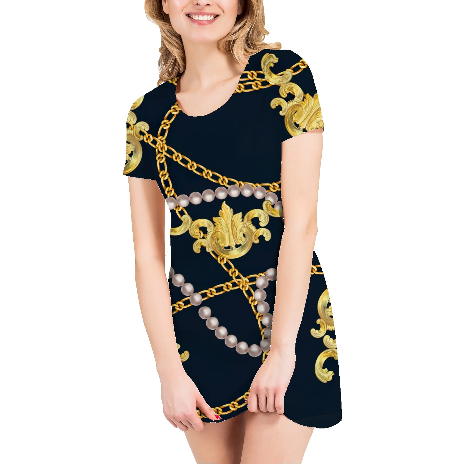 

Summer New Large Size Cotton Women's T-Shirt Skirt Pearl 3D Printing High-End Short-Sleeved Straight A-Line Skirt Fashion Top