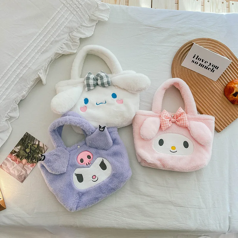 High Quality Sanrio Plush Handbags My Melody Kuromi Cinnamoroll Plush Bags Kawaii Cartoon Bento Lunch Box Bag Girl Birthday Gift