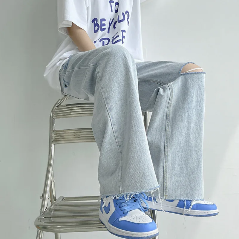 

Privathinker Loose Men's Ripped Jeans Light Blue Fashion Wide Leg Denim Pants Harajuku New Brand Korean Style Male Trousers