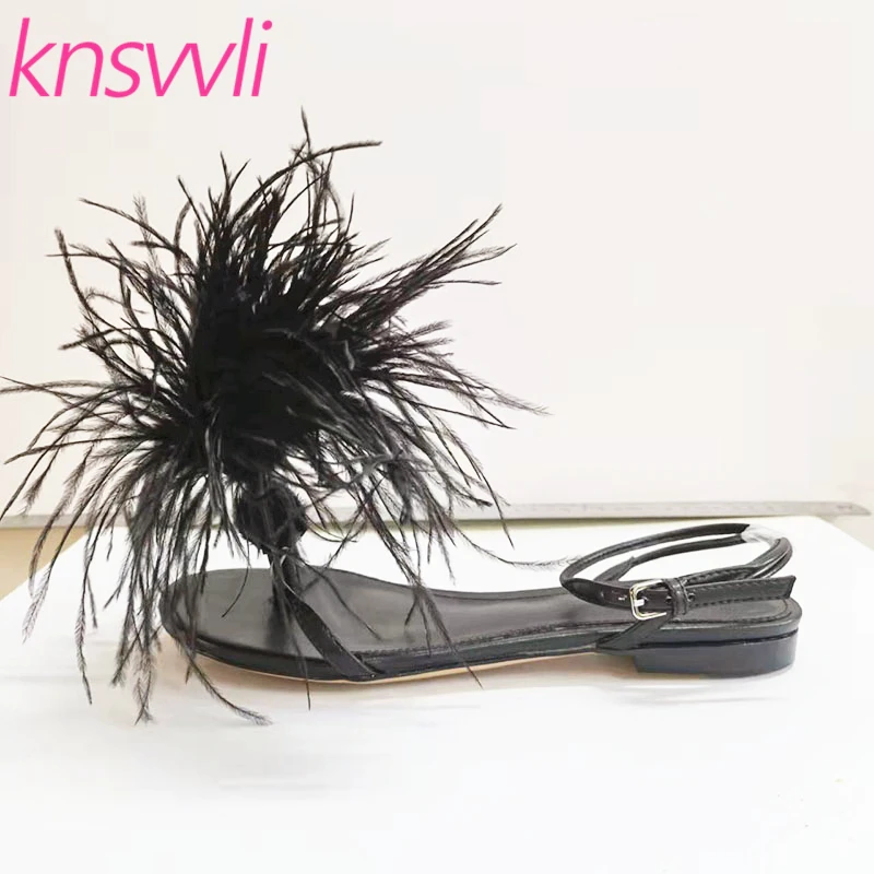 

New Women Sandals Designer Feather Flat Sandals Flip Flops Fur Summer Shoes Women Color Ostrich Hair Gladiator Sandals Woman
