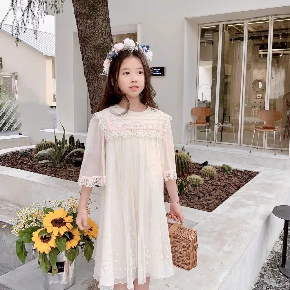 

Летняя одежда для маленьких девочек, высококачественное белое кружевное платье принцессы с полной вышивкой, детское элегантное Сетчатое платье