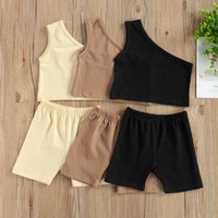 kids baby girls fashion 2 piece outfit set fashion one shoulder solid color tank tops shorts set daily wear summer clothing