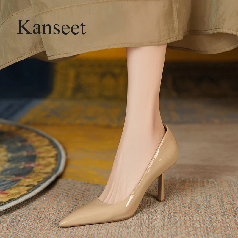 

Kanseet Genuine Leather Pumps New Autumn Elegant Pointed Toe Handmade Party Dress Shallow 6-8cm Thin High Heels Women Shoes Nude