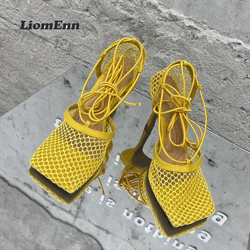 

Sexy Mesh Thin High Heels Sandals Women Shoes 2022 New Summer Cross-tied Pump Sandals Ladies Yellow Red Dress Shoes 35-42