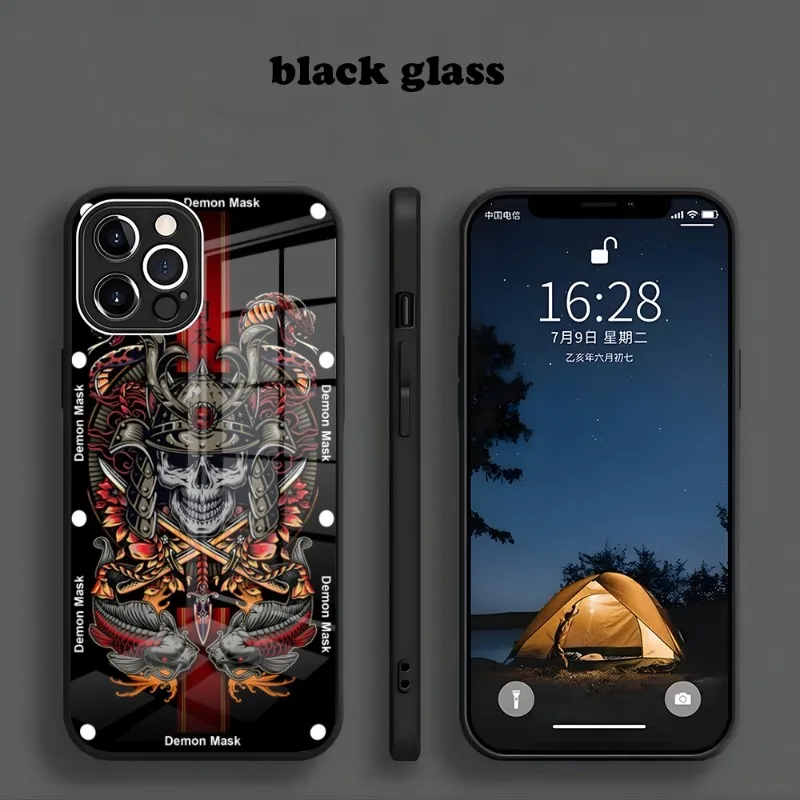 

Japanese Oni Hannya Samurai Demon Mask Phone Case For Iphone 14 13 12 11 Pro Max X XS XR 7 8 Plus 2020 SE Metallic Paint Glass