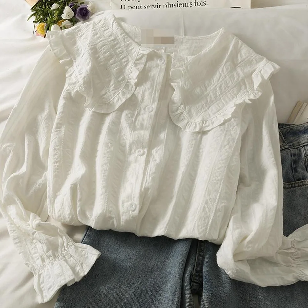 

Spring Autumn Long Sleeve White Shirt Women Japanese Lolita Blouse Kawaii Embroidery Chic Top Frill Peter Pan Collared Shirts