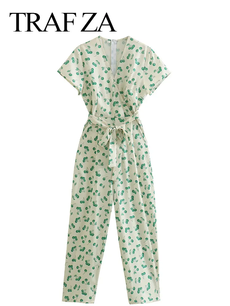 

TRAF ZA Floral Fresh Women's Jumpsuit Waist Tie Slim Fit Temperament Pastoral Ladies Comfortable Daily Straight Jumpsuit New