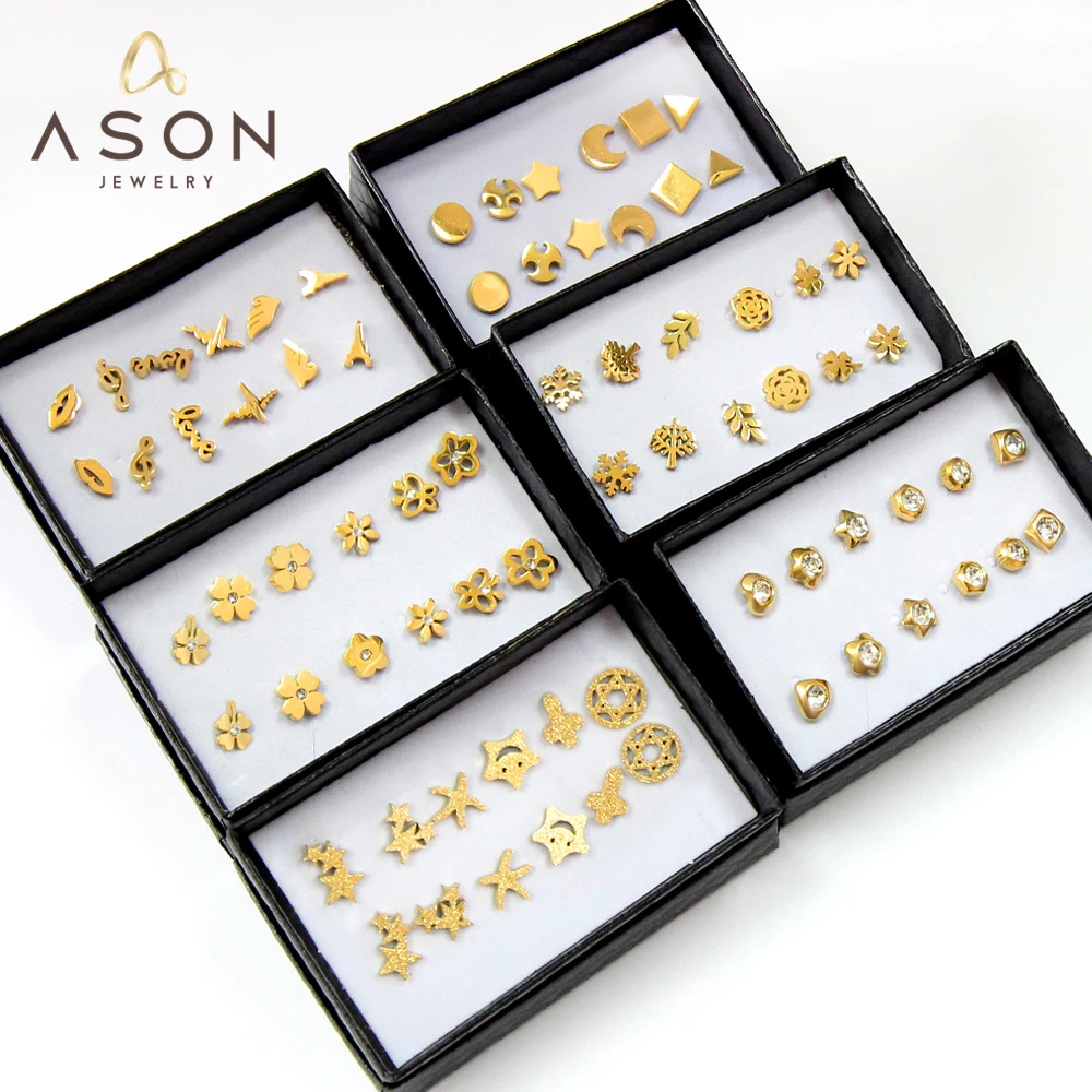 

ASONSTEEL 6pairs/Box Surgical News Vintage Women's Stud Earrings Set Snowflake Piercing Stainless Steel Modern Gold Color 2023