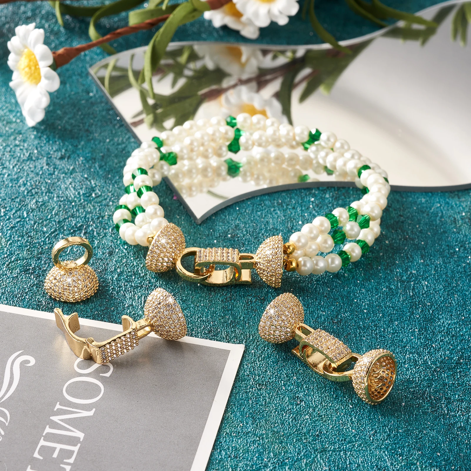 5pcs Brass Cubic Zirconia Fold Over Clasps End Caps Connector Findings For Jewelry Making Bracelet Necklace Supplies 32x12.5mm