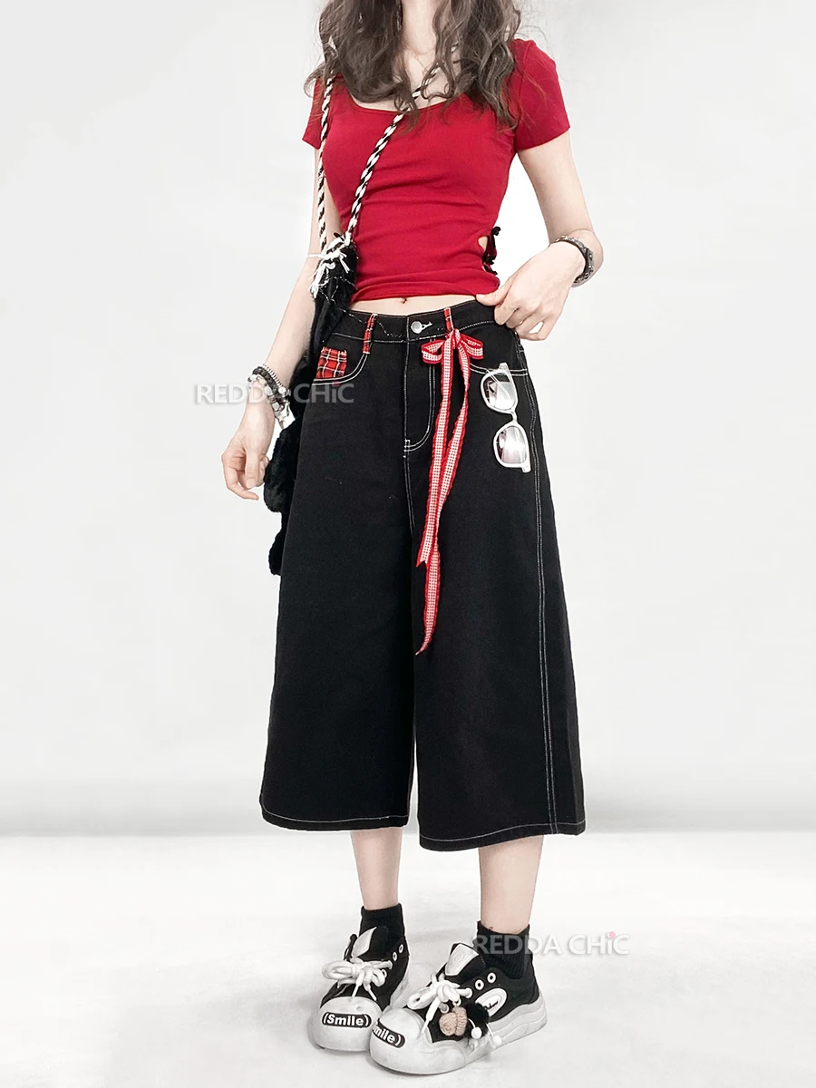 Женские свободные джинсы REDDACHiC красные клетчатые лоскутные с низкой посадкой