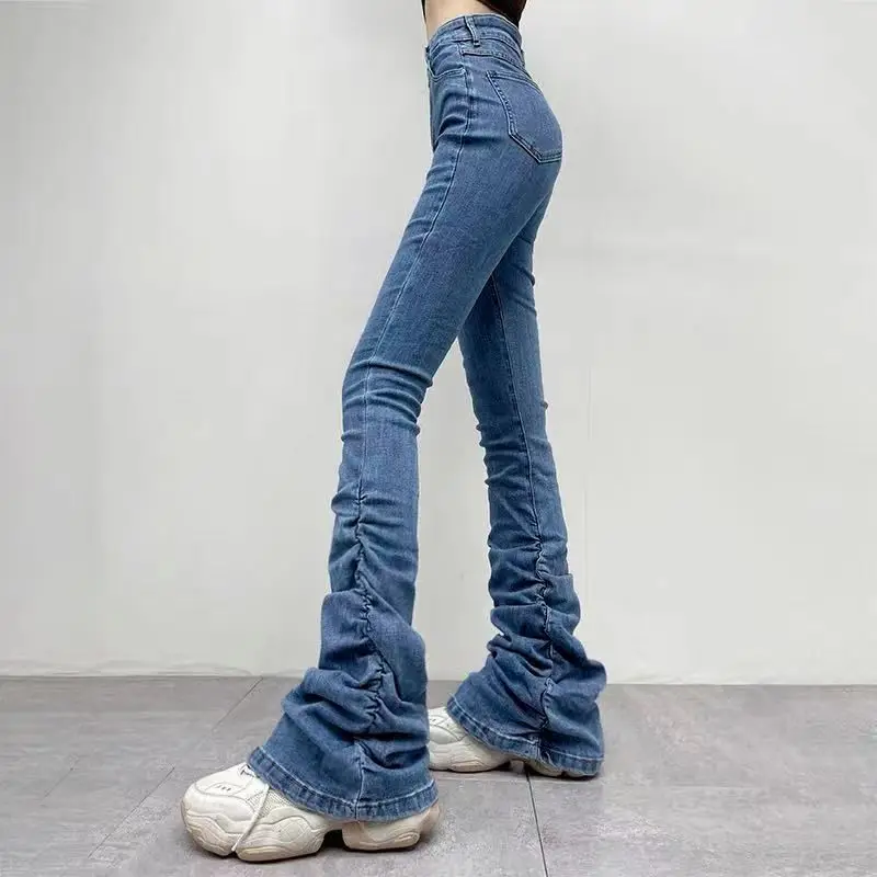 Hohe Warten Gestapelt Geraffte Jeans Hosen Frauen Frühling Sommer 2022 Dünne Stretchy Blau Jeans Hose Böden Streetwear Flare Hosen