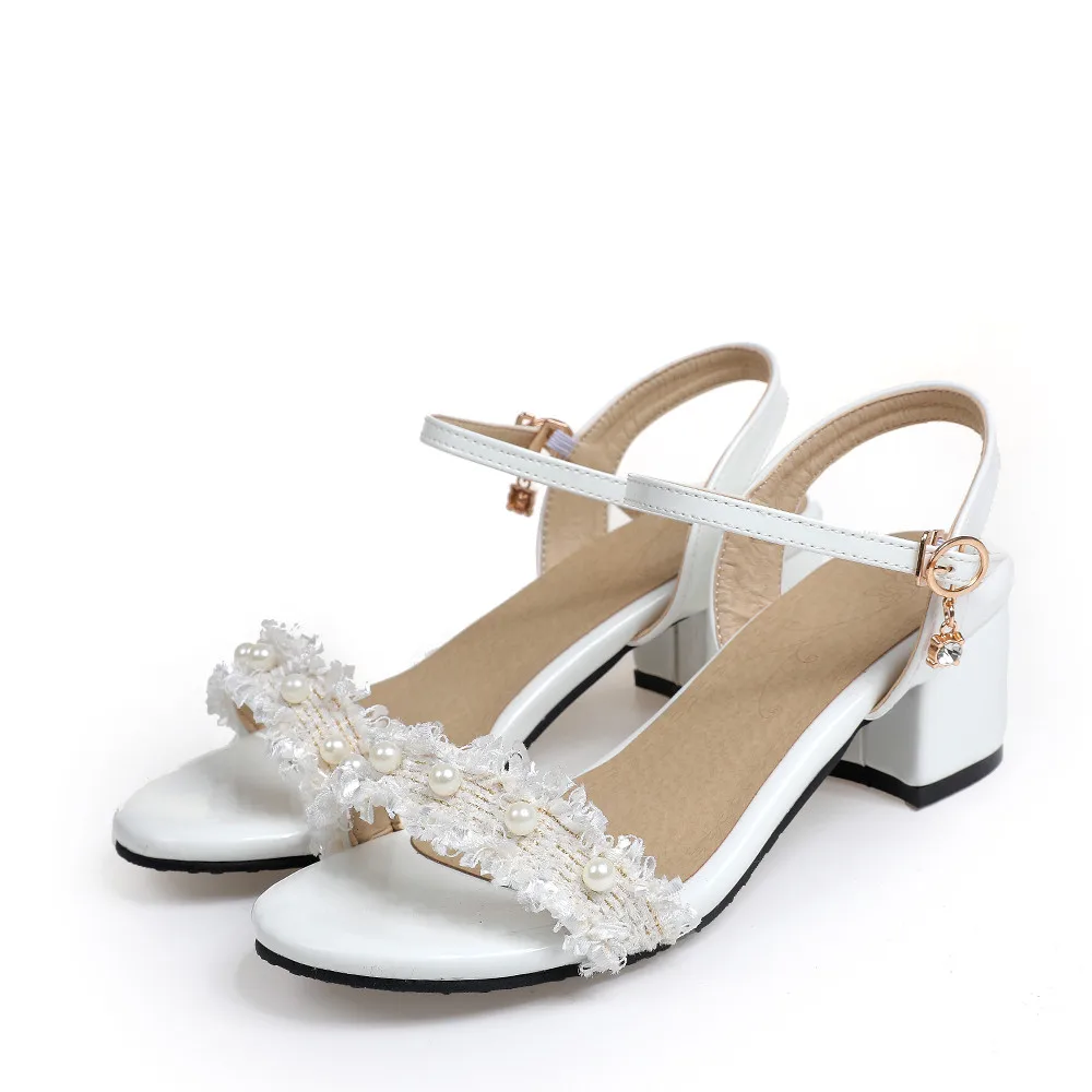 

Сандалии женские из твида, на квадратном каблуке, с жемчугом