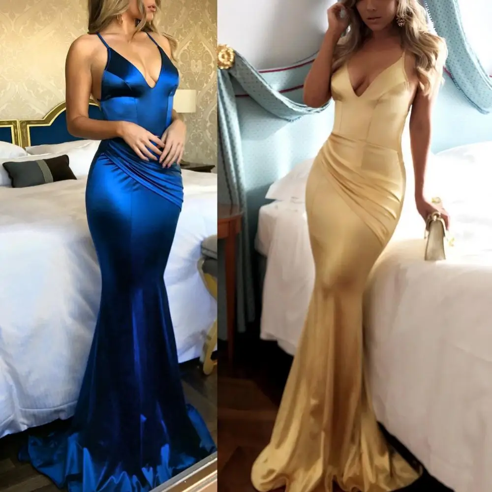 

Women Sexy Spaghetti Strap Deep V Neck Solid Color Backless Fishtail Party Dress