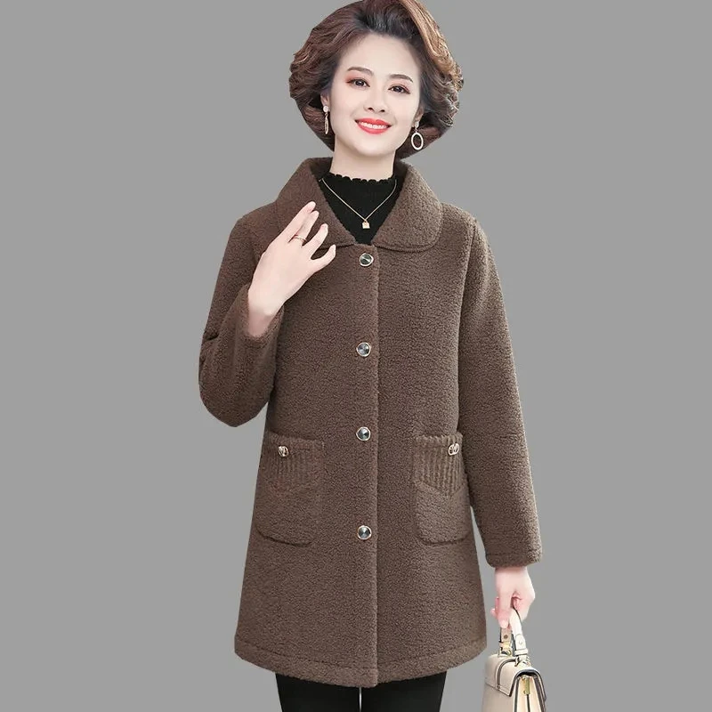 Oversized XL-6XL Mom Thick Warm Lambwool Fur Grain Fleece Coat Women Mid-Length Loose Jacket Fashion Turn-Down Collar Plush Top