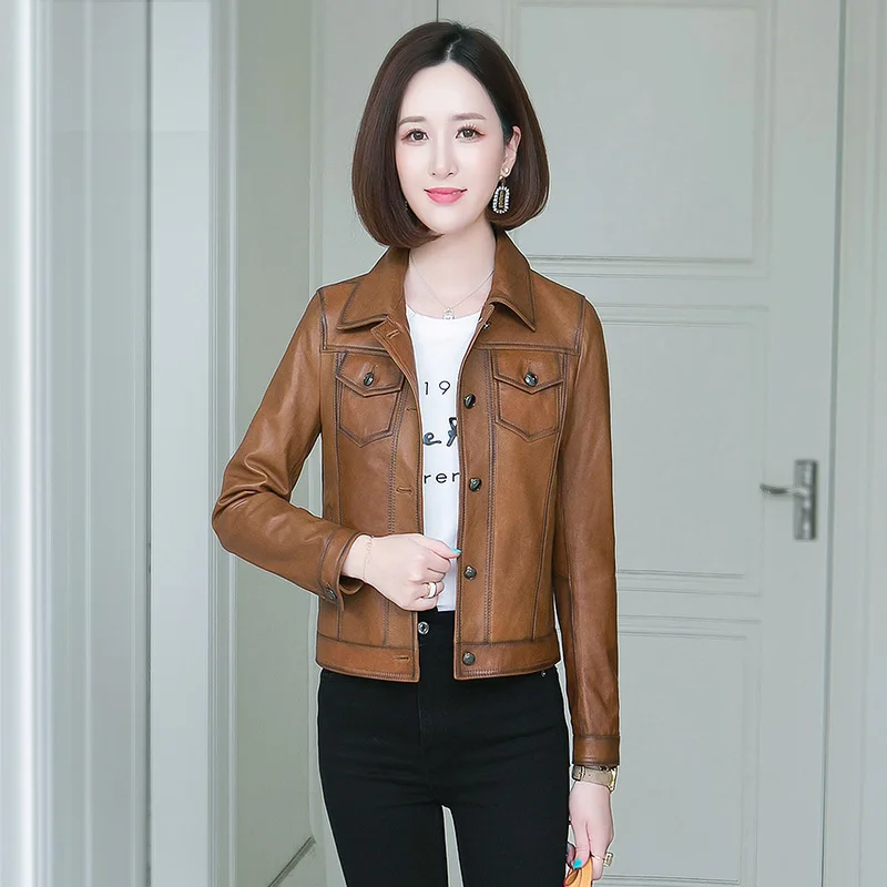 

2023 Spring and Autumn New Genuine Leather Clothing Women's Short Korean Sheepskin Coat Motorcycle Leather