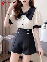 2022 new sweet womens summer outfits beaded doll collar short sleeve top fashion wide leg black suit shorts suit two piece set