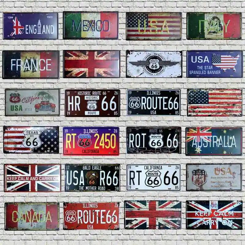 

Route 66 US UK Italy National Flag Tin Sign Car Plate License Vintage Wall Plaques Decor For Bar Cafe Garage Pin Up Sign 15x30cm
