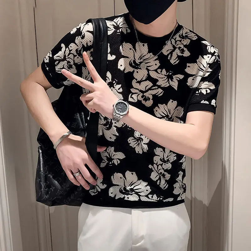 

2023 Summer Knitted Casual Men's Printed T-shirt Ice silk O-neck Short-sleeved Young Ruffian Handsome High-quality Top A03