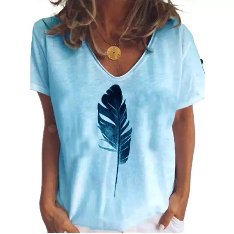 

2022NEW New Summer Top Plus Size Women Feather Print T Shirt Street Casual Loose Cotton T Shirts Ladies Short Sleeve V-Neck Tee