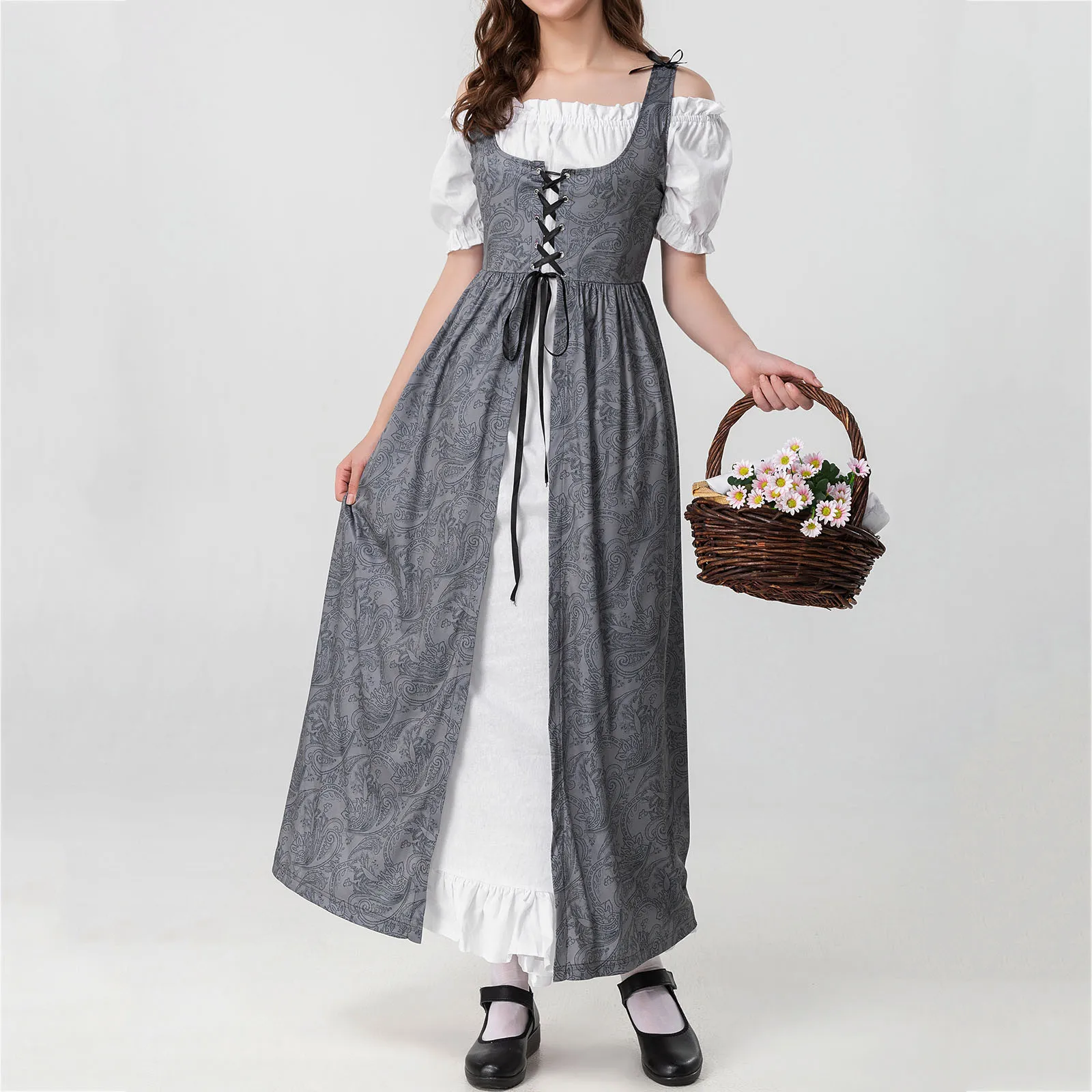 

Женское винтажное платье макси, элегантное карнавальное платье в европейском средневековом стиле с коротким рукавом и квадратным вырезом, ...