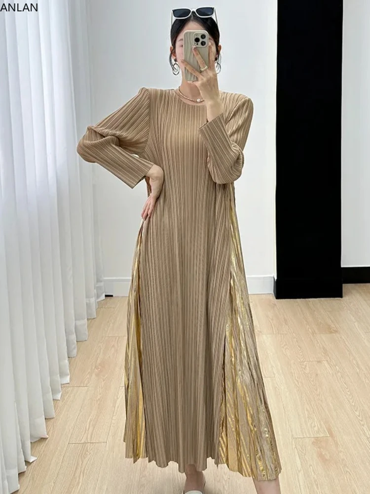 

ANLAN Fashion Pleated Dress For Women Round Neck Long Sleeves Color Block Mid Length Patchwork Dresses 2023 Autumn New 7YK3160