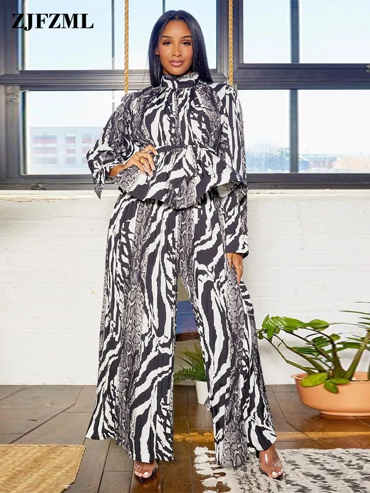 

Женский костюм для отдыха, повседневный костюм из двух предметов с принтом, топ с оборками и поясом и брюки с широкими прямыми штанинами, осень