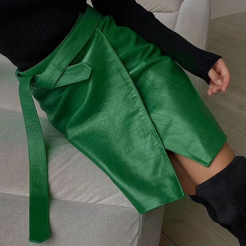 High-waisted Skirt Fashion A-LINE PU Leather Skirt Solid Sexy Lace-up Green Short Skirt Elegant Office Lady Women's Summer Skirt