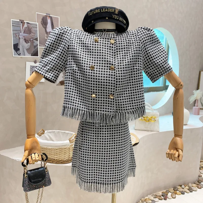 

Niche Design New Women's Clothing 2022 Summer Leisure Suit Tassels Puff Short Sleeve Coat Top Skirt Two Piece Set