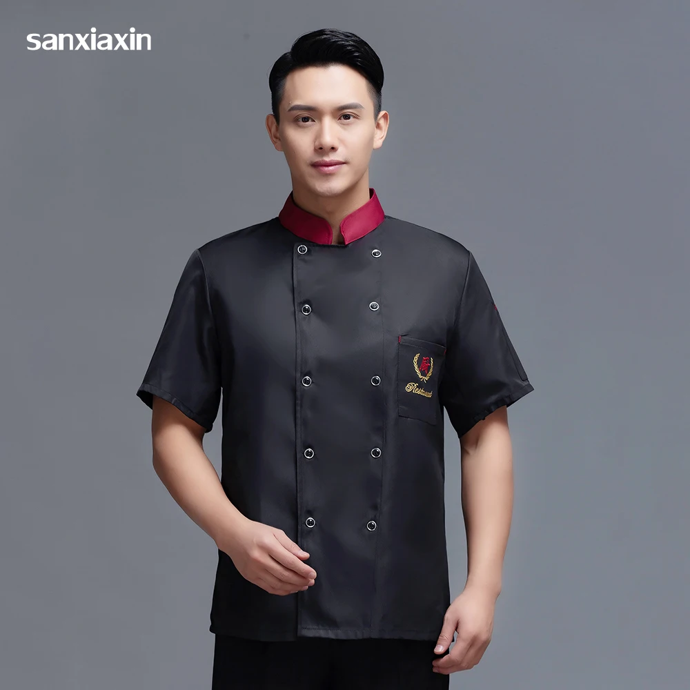 

3 Colors Food Service Short-sleeved Chef Uniform Men Kitchen Uniform Tops Chef Jacket Hotel Baking Cook Coat Restaurant Overalls