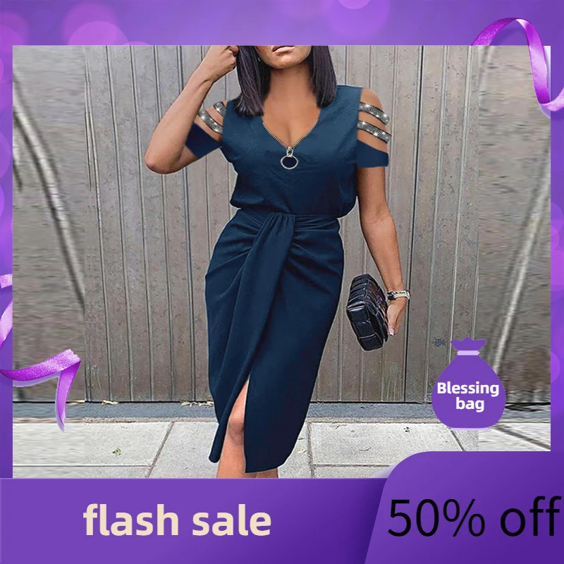 

2022 new women's solid color zipper long skirt hollow out pleated short sleeve V-neck dress