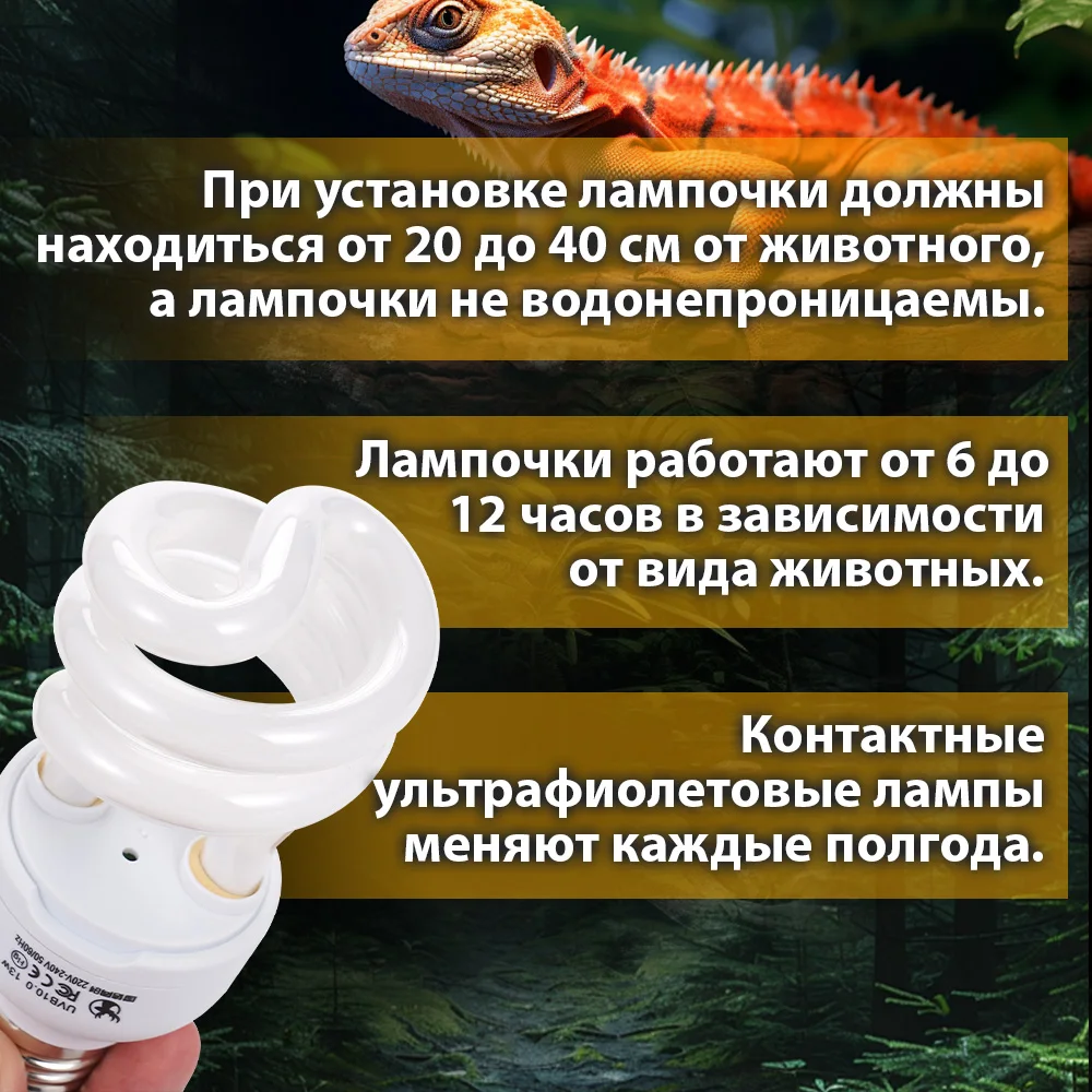 Фото 5,0 10,0 UVB 13 Вт 220 В Лампа для рептилий УФ-лампа Амфибия Вивариум Черепаха Змея Домашнее животное Энергосберегающее нагревательное освещение №4