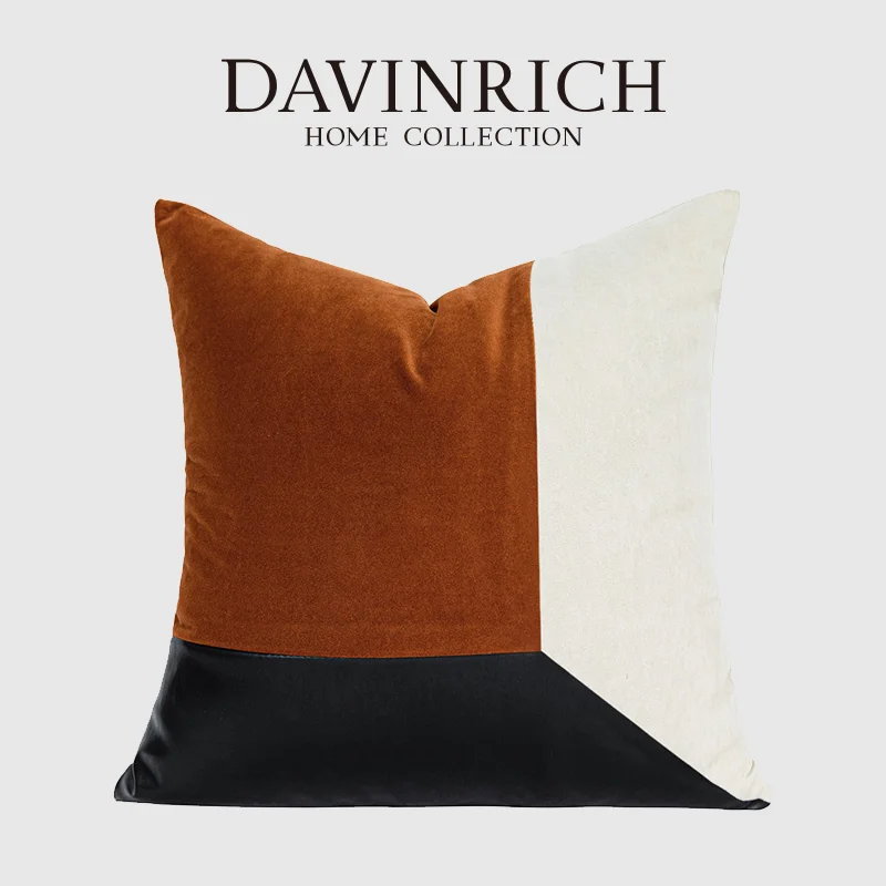 

DAVINRICH Color Block Throw Pillow Covers Black Leather Orange Beige Velvet Decorative Cushion Case 50x50cm Studio Style Decor