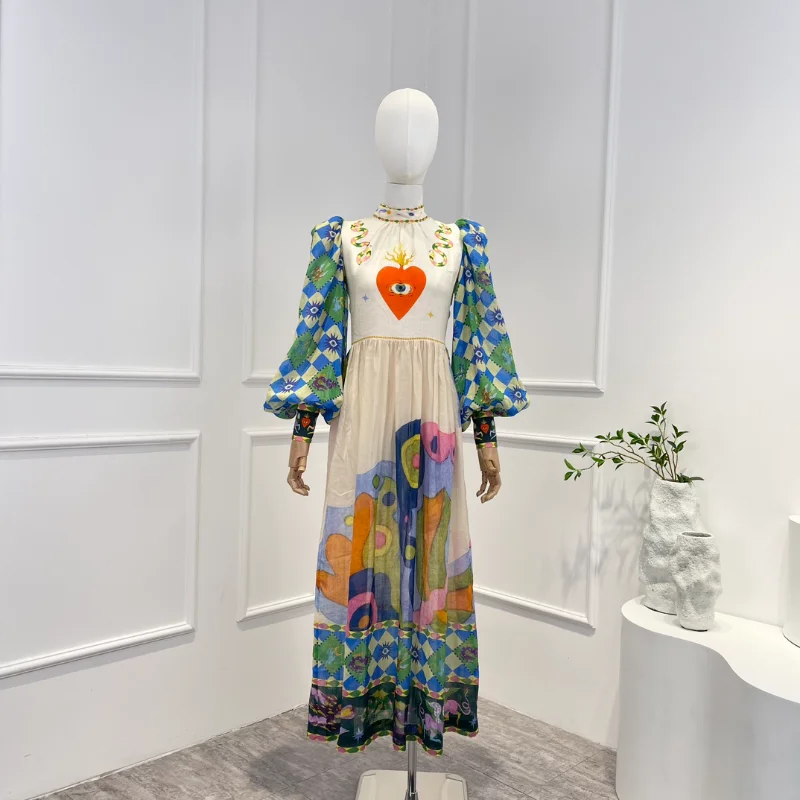 

2023 Summer Women Fashion Vintage Elegant Temperament Fairy Tale Linen Printing Lantern Sleeve Midi Dresses