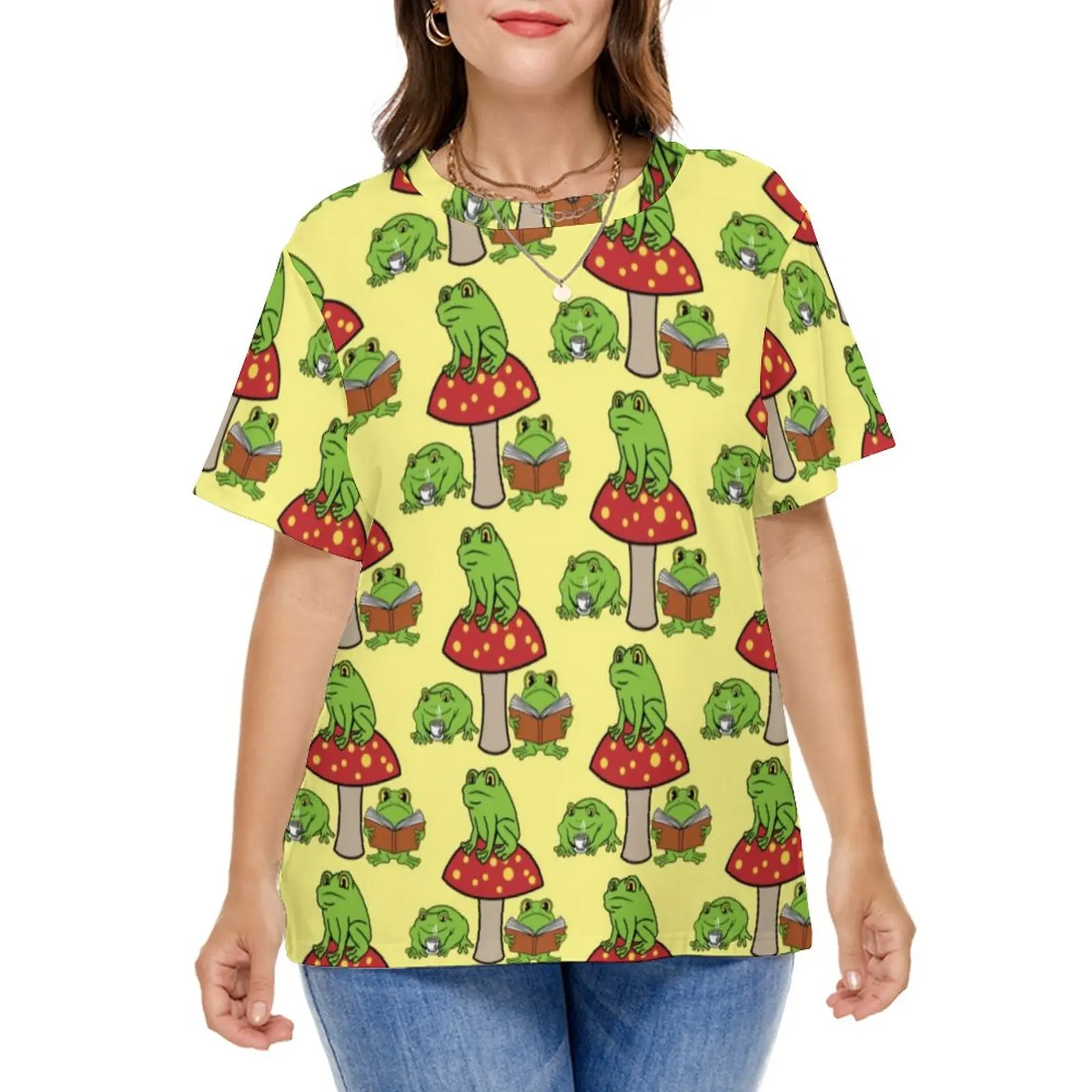 Cartoon Frog T-Shirt Red Mushroom Print Harajuku T Shirts Short Sleeve Pattern Tshirt Women Casual Tees Plus Size 5XL 6XL