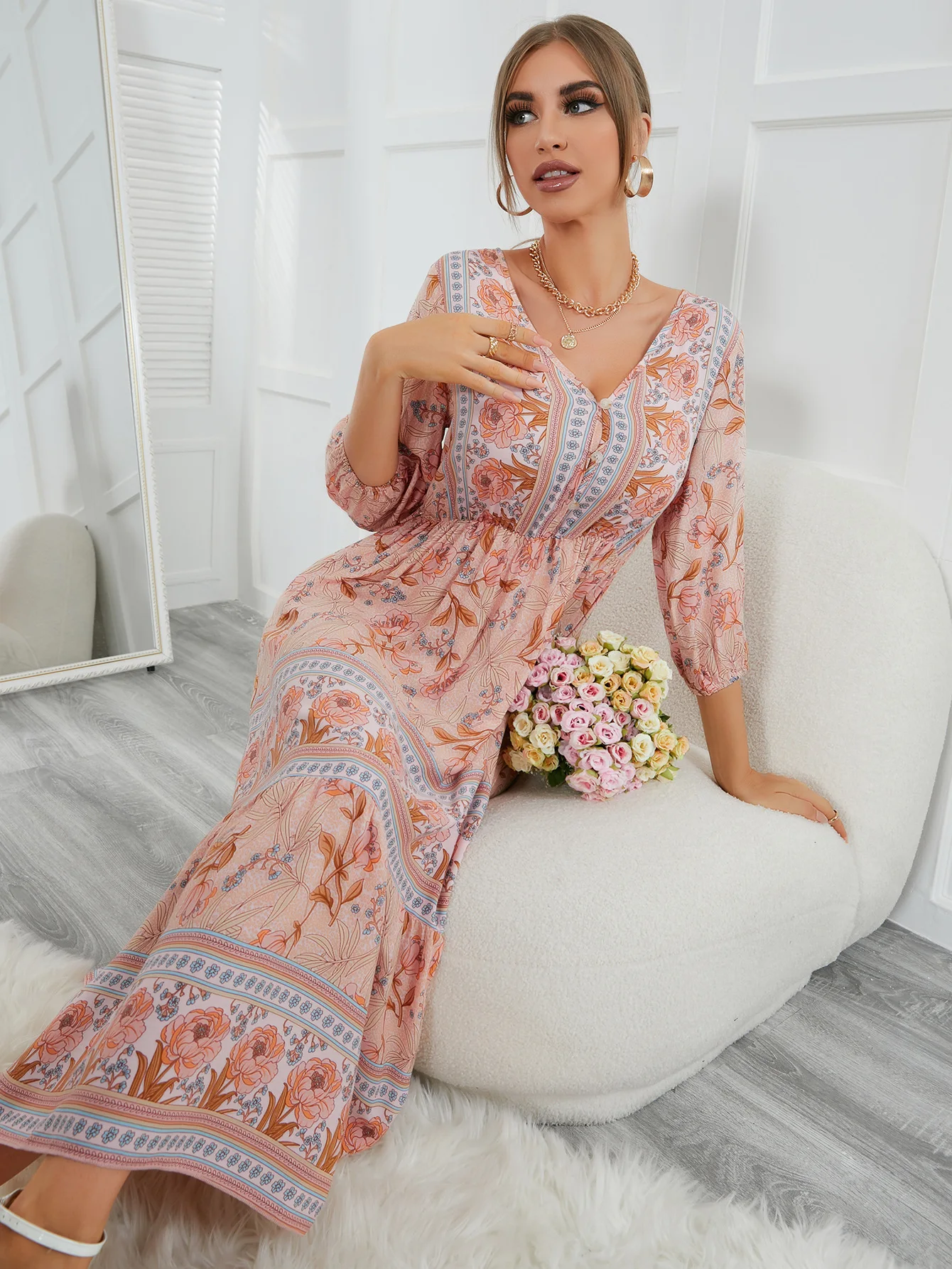 

Summer Dress for Women Sexy V-Neck Beach Style High Waist On Holiday Bohemian Office Ladies Party Robe Long Femme Vestido C3606