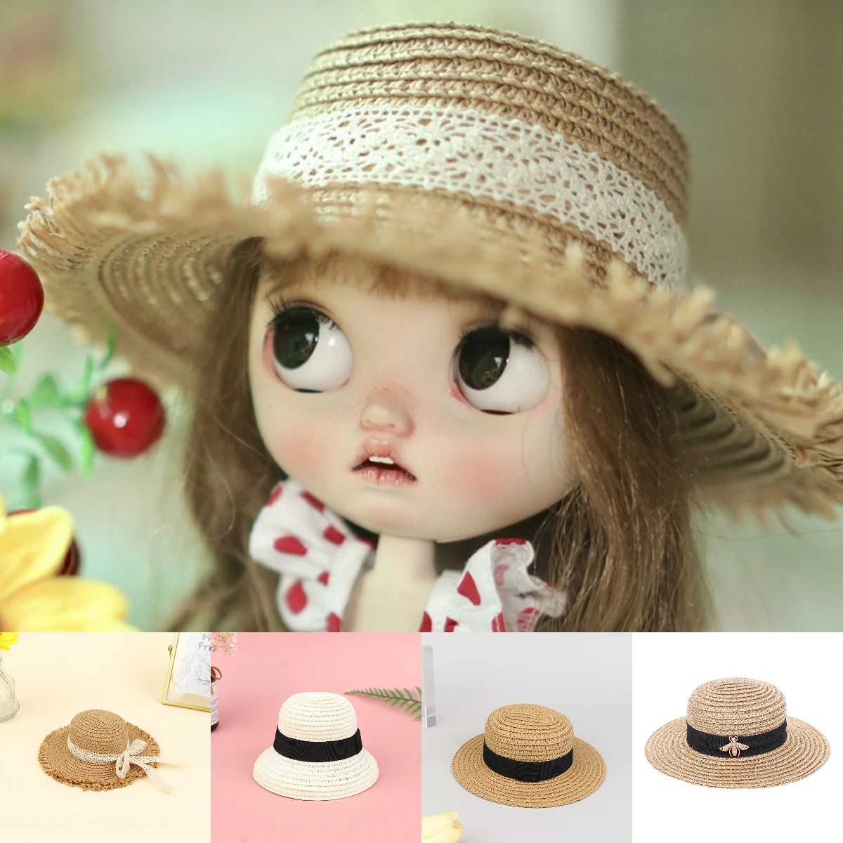 

1Pc Dollhouse Sun Hat Fashion Vintage Design Different Styles Hats Straw Panama Hat Beach Caps For Doll Accessories Decor